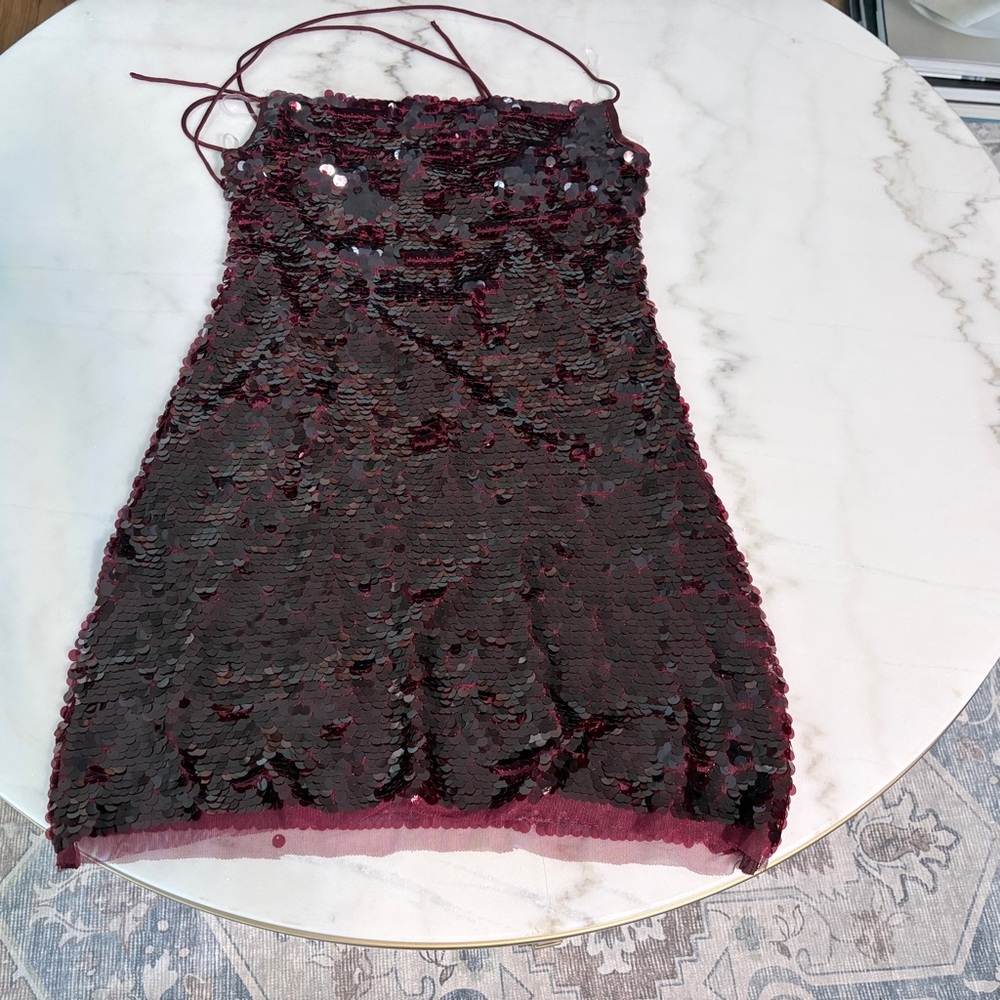 Burgundy Sequin Mini Dress - Sparkle Cocktail Party Dress |Size XXS - Picture 9 of 9